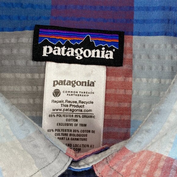 Patagonia Puckerware Shirt Mens Large Blue Red Gray Warm Wear Comfort Button Up - Picture 2 of 11